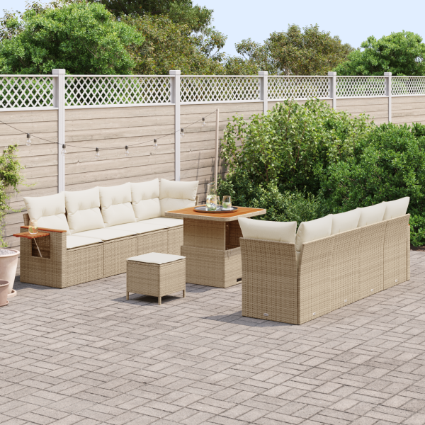 Conjunto de Sofá de Jardim de 11 peças com Almofadas Bege Rattan Poly Acácia M 3