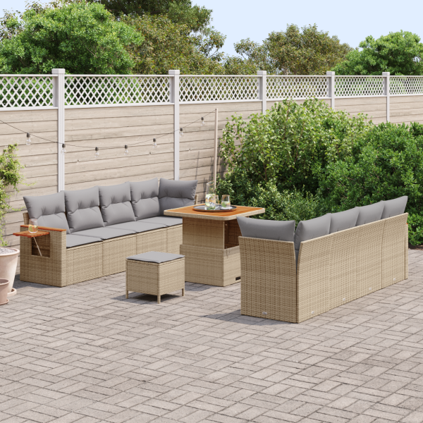 Set de Sofá de Jardín de 11 Piezas con Cojines Beige Poliratán Acacia M 3