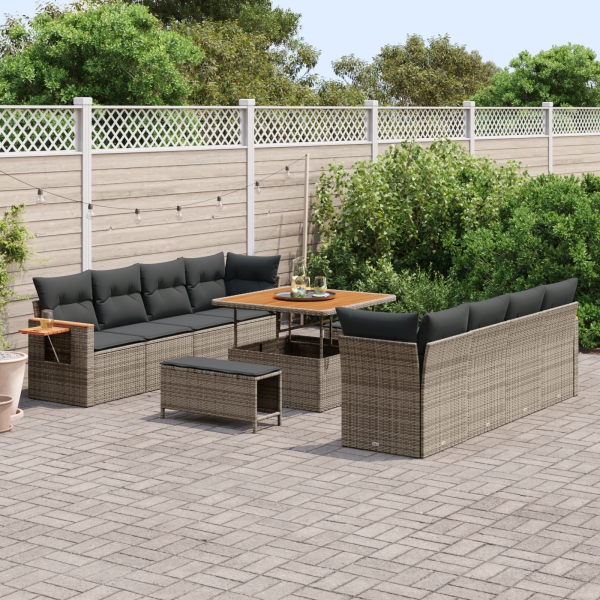 Conjunto de Sofá de Jardim  com Almofadas Cinza em Rattan Poly Acácia M 3