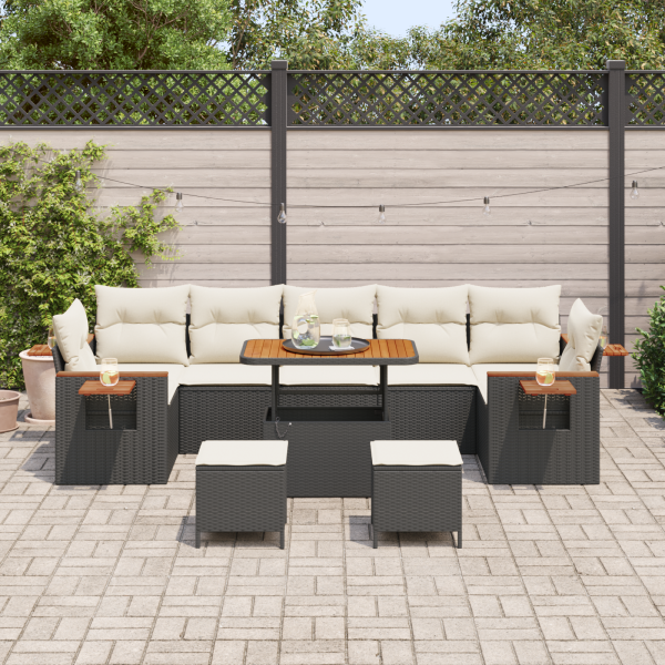 Conjunto de Sofá de Jardim  de 10 peças com Almofadas de Rattan Sintético Preto Acácia M 3