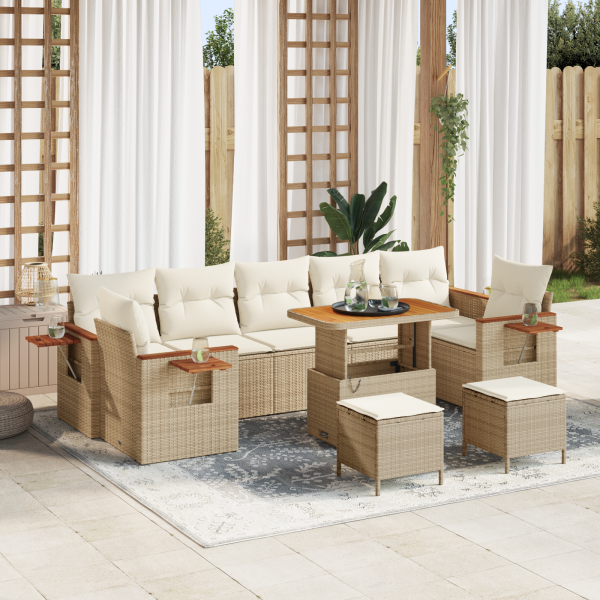 Conjunto de Sofás de Jardín de 10 Piezas con Cojines Beige Poliratán Acacia D