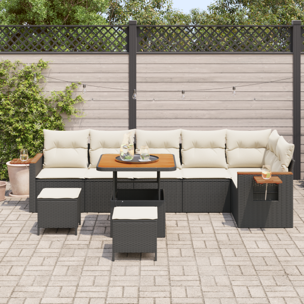 Conjunto de Sofá para Jardim  com Almofadas Preto Rattan de Polipropileno Acácia M 3