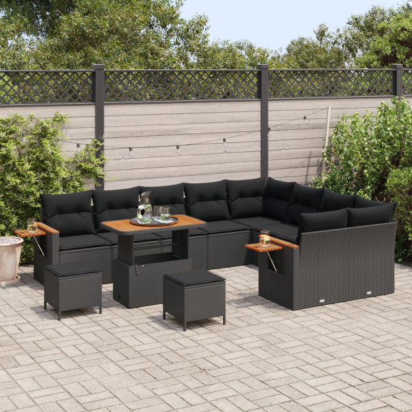 Conjunto de Sofá de Jardim de 12 Peças com Almofadas Preto Rattan Poli Acácia M 3