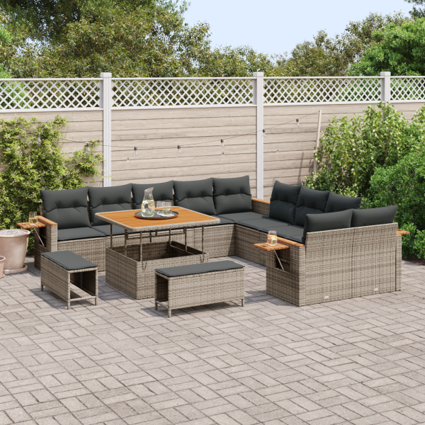 Conjunto de Sofá de Jardim de 13 Peças com Almofadas Cinzento Rattan Sintético Acácia M 3