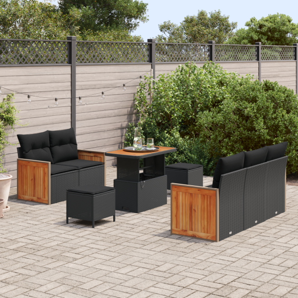 Conjunto de Sofá de Jardim  8 Peças com Almofadas Preto Rattan Poliéster Acácia M 3