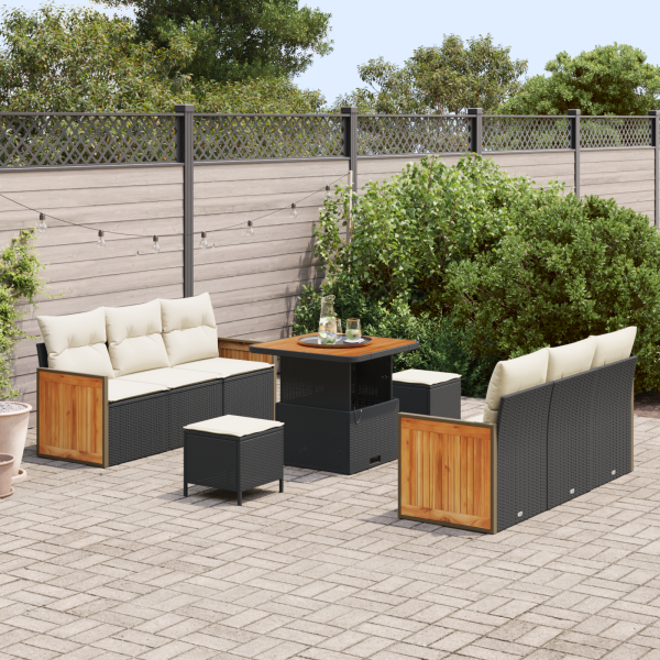 Conjunto de Sofá de Jardim  9 Peças com Almofadas Rattan Preto Acácia M 3