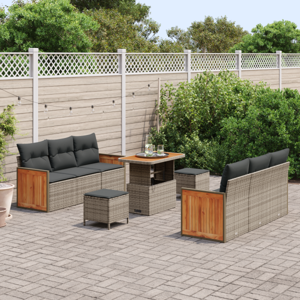 Conjunto de Sofá de Jardim  de 9 Peças com Almofadas Cinza Rattan Versátil Acácia M 3