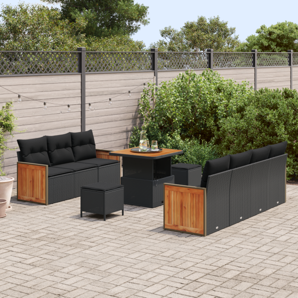 Conjunto de Sofá de Jardim  de 10 Peças com Almofadas de Rattan Preto e Acácia M 3
