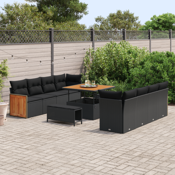 Conjunto de Sofás para Jardim com Almofadas  11 Peças Preto Rattan Sintético Acácia M 3