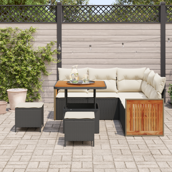 Conjunto de Sofá de Jardim 8 Peças com Almofadas Pretas em Rattan Acácia M 3