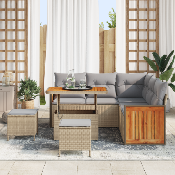Conjunto de Sofá de Jardim  de 8 Peças com Almofadas Bege em Rattan Acácia M 3