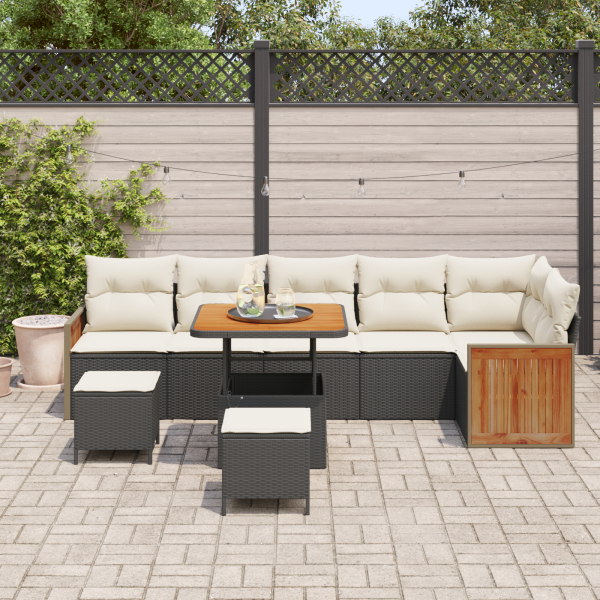 Conjunto de Sofá de Jardim de 9 Peças com Almofadas Preto Rattan Polietileno Acácia M 3