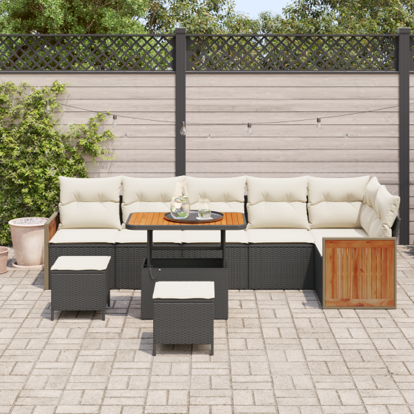 Conjunto de Sofás de Jardim  com Almofadas Preto Rattan Polipropileno Acácia M 3
