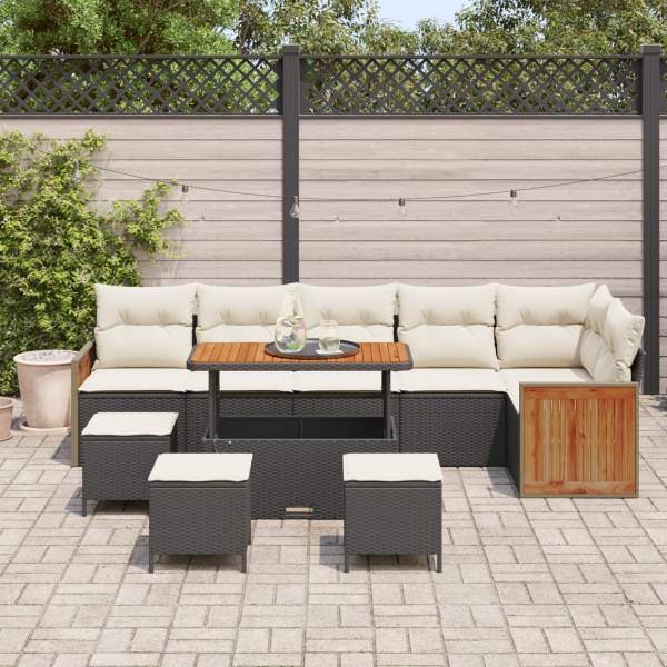 Conjunto de Sofá de Jardim com Almofadas de 10 Peças Preto Rattan Poli Acácia M 3