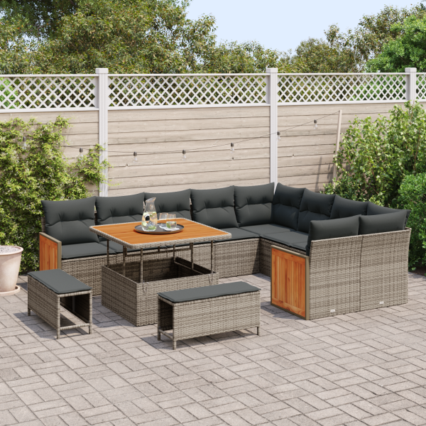 Conjunto de Sofá de Jardim  de 12 Peças com Almofadas Cinza Polyrattan Acácia M 3