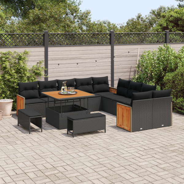 Conjunto de Sofás de Jardim de 13 Peças com Almofadas Preto Polyrattan Acácia M 3