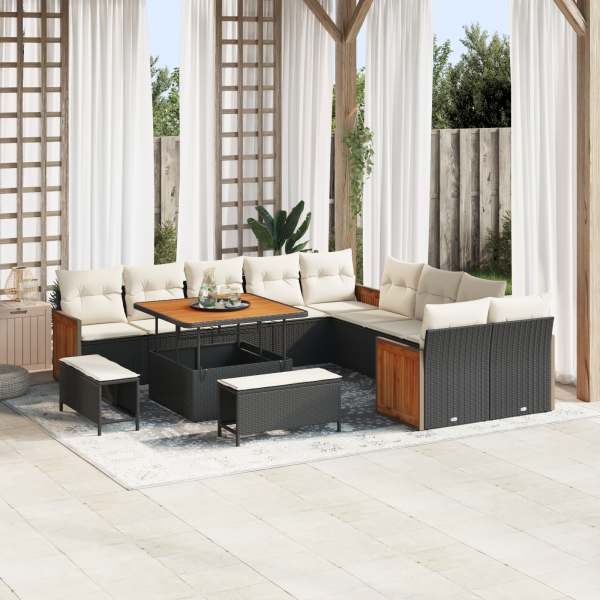 Juego de Sofá de Jardín  de 13 Piezas con Cojines Negro Poliratán Acacia D