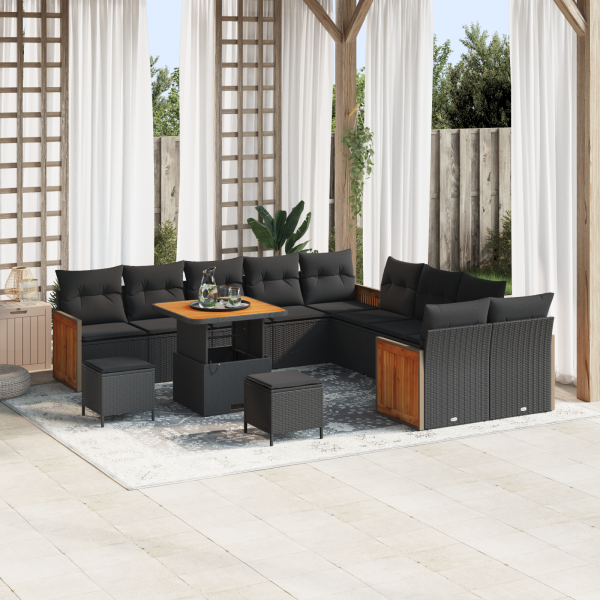 Juego de Sofá de Jardín de 13 Piezas con Cojines Negro Poliratán Acacia D