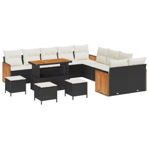 Conjunto de Sofá de Jardim  de 14 peças com Almofadas Preto Rattan Poly Acácia H