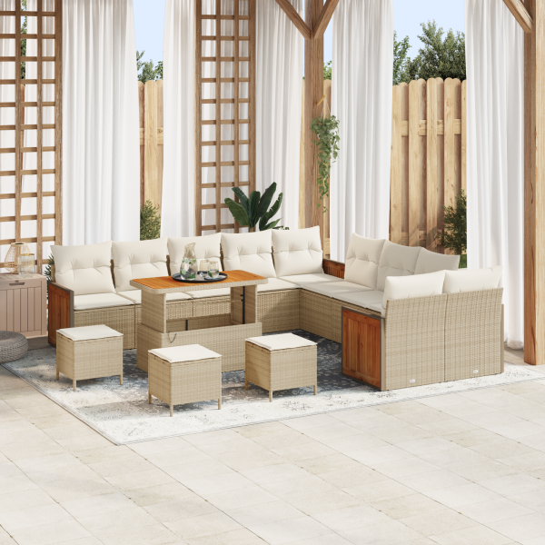 Conjunto de Sofás de Jardín de 14 Piezas con Cojines Beige Poliratán Acacia D