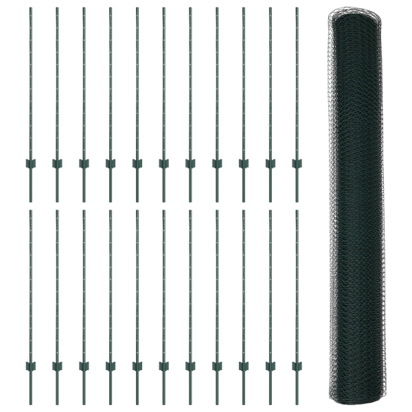 Postes de Cerca  11 pcs Canal U Verde 120 cm Acero. Cerca Hexagonal  Verde 1.2x50 m Acero M 4