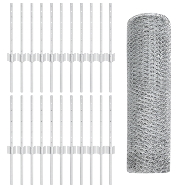 Postes de Valla  11 pcs U-Channel 40 cm Acero Galvanizado. Valla Hexagonal  0.4x50 m Acero Galvanizado M 4