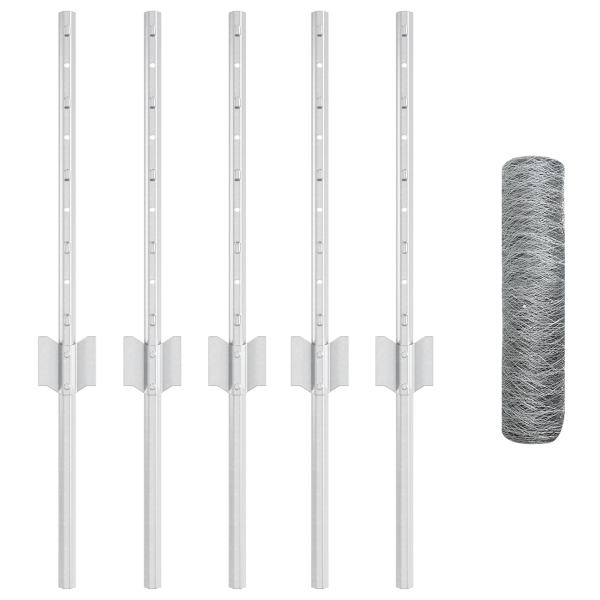 Postes de Valla 5 pcs U-Channel 40 cm Acero Galvanizado.  Valla Hexagonal 0.4x10 m Acero Galvanizado M 4