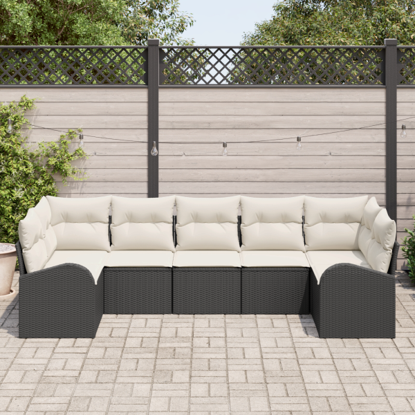 Conjunto de Sofá de Jardim com 7 Peças e Almofadas Preto Rattan Poli M 3