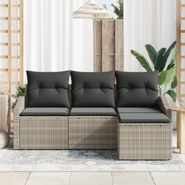 Conjunto de Sofá de Jardim de 4 Peças com Almofadas Cinza Claro Rattan Poliéster M 3