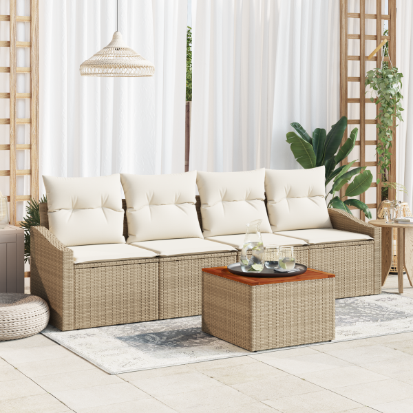 Conjunto de Sofás de 5 Piezas con Cojines Beige Poliratán Acacia D