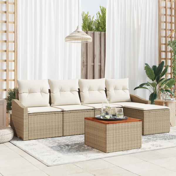 Conjunto de 6 Piezas de Sofá de Jardín con Cojines Beige Poliratán Acacia D