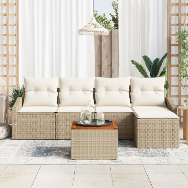 Conjunto de 6 Piezas de Sofá de Jardín con Cojines Beige Poliratán Acacia M 3