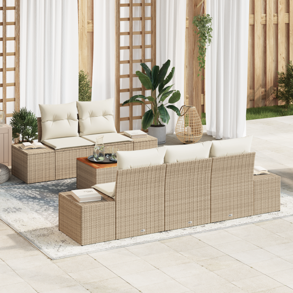 Juego de Sofá de Jardín de 6 Piezas con Cojines Beige Poly Rattan Acacia D