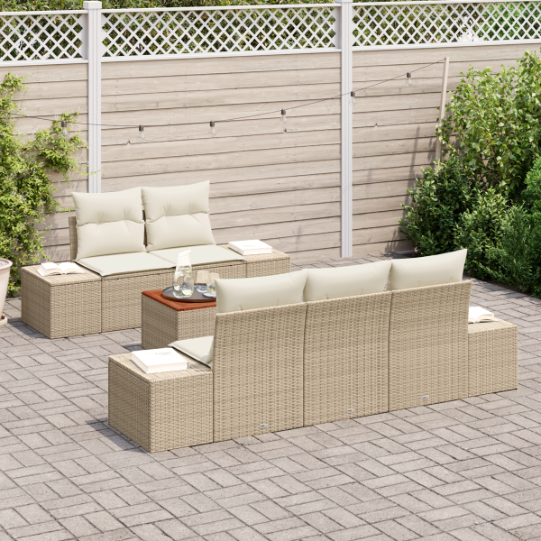 Juego de Sofá de Jardín de 6 Piezas con Cojines Beige Poly Rattan Acacia M 3