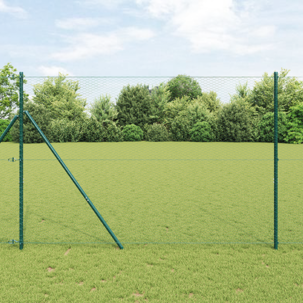 Cerca Hexagonal Verde 1.6x25 m Acero.  Postes de Cerca 13 pcs Verde Ø32 mm 210 cm Acero Galvanizado D