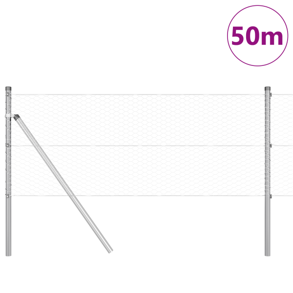 Cerca Hexagonal  0.6x50 m de Acero Galvanizado. Postes de Cerca  13 pcs Ø32 mm 100 cm de Acero Galvanizado M 3