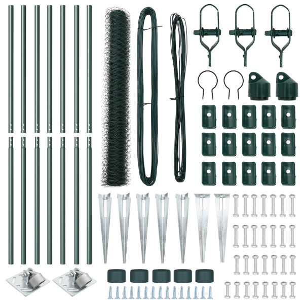 Cerca Hexagonal Verde 1.2x10 m Acero.  Postes de Cerca con Punta 7 pcs Ø32 mm 140 cm Acero Galvanizado M 4