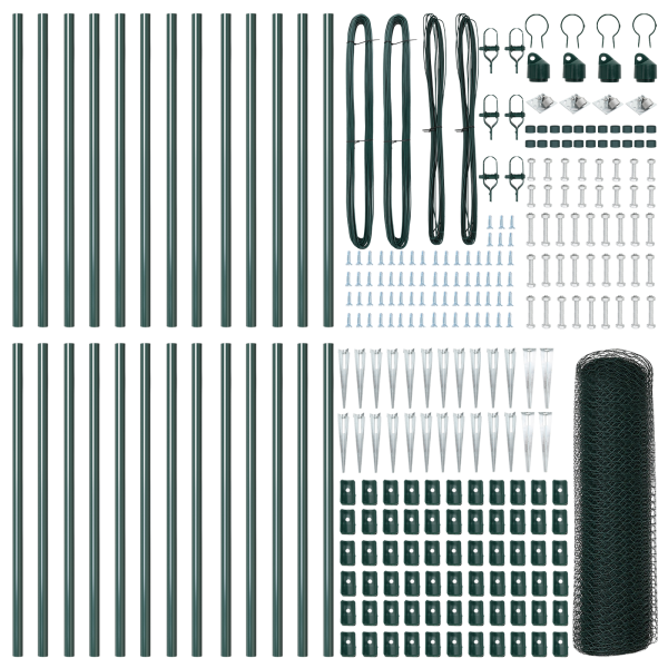 Valla Hexagonal  Verde 0.4x50 m Acero. Postes de Valla  con Punta 13 pcs Ø32 mm 60 cm Acero Galvanizado M 4