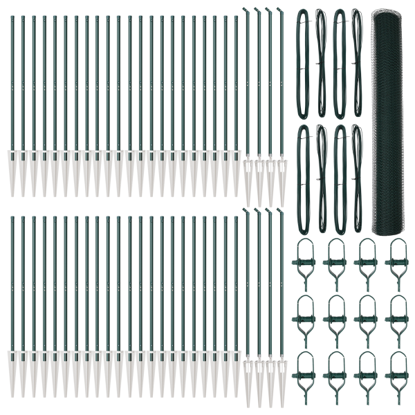 Valla Hexagonal Verde 1.4x100 m de Acero. Postes de Valla  con Punta 13 pcs Ø32 mm 160 cm de Acero Galvanizado M 2
