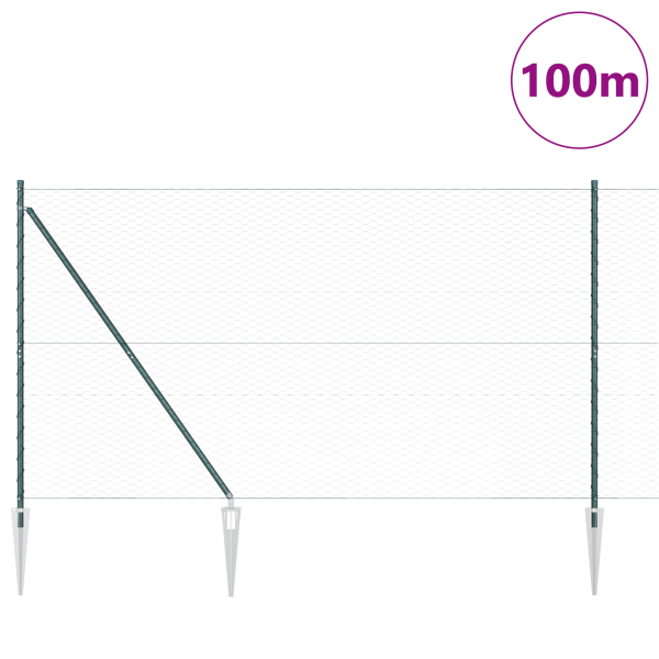 Valla Hexagonal  Verde 1.5x100 m Acero. Postes de Valla  con Punta 13 pcs Ø32 mm 170 cm Acero Galvanizado M 3
