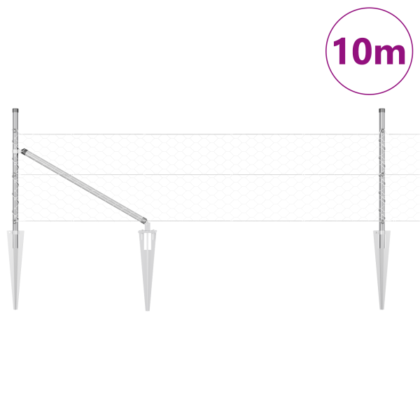 Valla Hexagonal  0.5x10 m Acero Galvanizado. Postes de Valla  con Pico 7 pcs Ø32 mm 80 cm Acero Galvanizado M 3