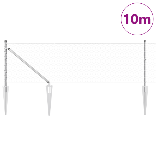 Cerca Hexagonal  0.6x10 m Acero Galvanizado. Postes de Cerca  con Picos 7 pcs Ø32 mm 80 cm Acero Galvanizado M 3
