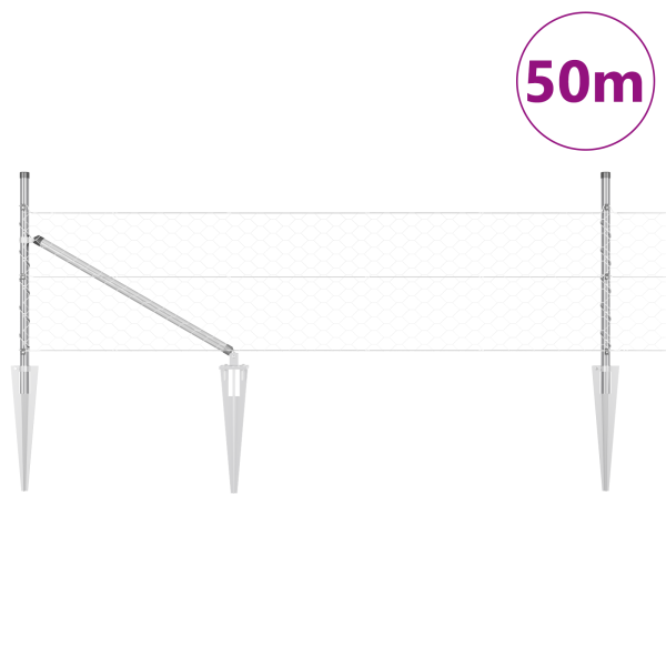 Cerca Hexagonal  0.4x50 m Acero Galvanizado. Postes de Cerca  con Punta 13 pcs Ø32 mm 60 cm Acero Galvanizado M 3