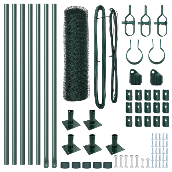 Cerca Hexagonal  Verde 0.4x10 m Acero. Postes para Cerca  con Placas de Base 7 pcs Ø32mm 50cm Acero Galvanizado M 4