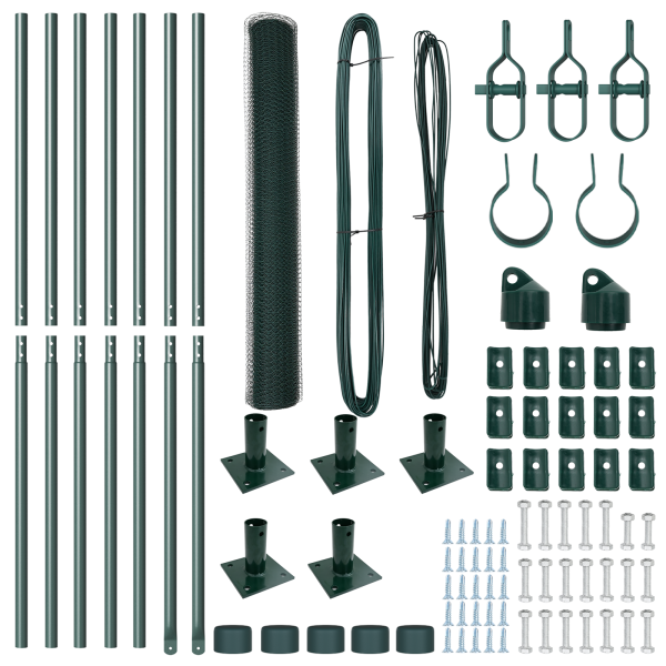 Cerca Hexagonal  Verde 1.2x10 m Acero. Postes de Cerca  con Placas Base 7 pcs Ø32mm 68.5cm Acero Galvanizado M 4
