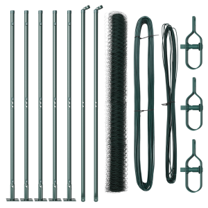 Cerca Hexagonal  Verde 1.4x10 m Acero. Postes para Cerca  con Placas de Base 7 pcs Ø32mm 78.5cm Acero Galvanizado H