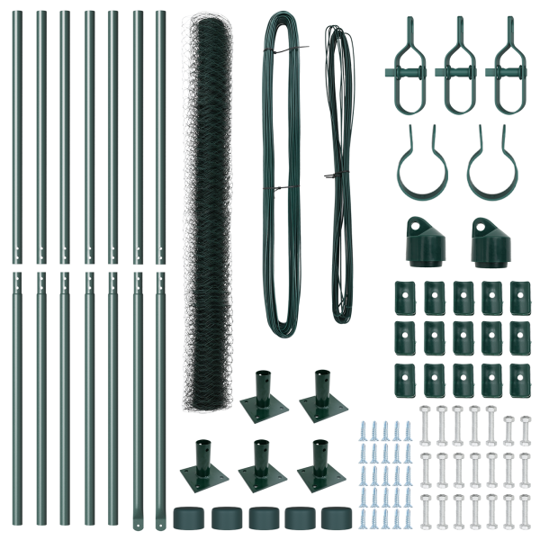 Cerca Hexagonal  Verde 1.4x10 m Acero. Postes para Cerca  con Placas de Base 7 pcs Ø32mm 78.5cm Acero Galvanizado M 4