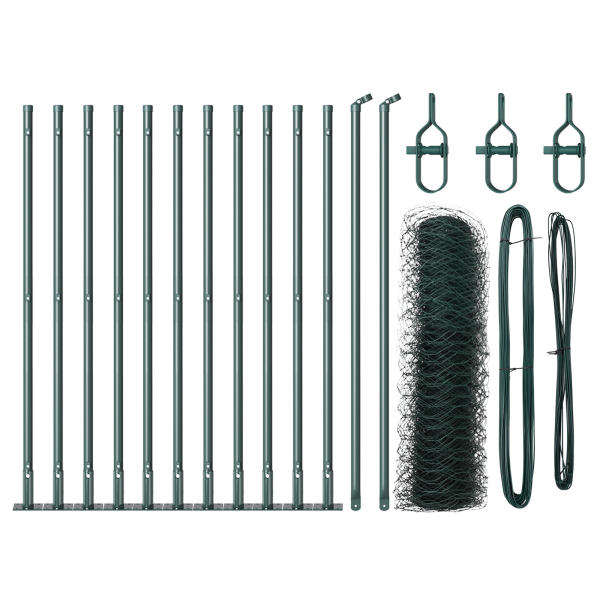 Valla Hexagonal  Verde 0.4x25 m de Acero. Postes de Valla  con Placas de Base 13 pcs Ø32mm 50cm de Acero Galvanizado M 2