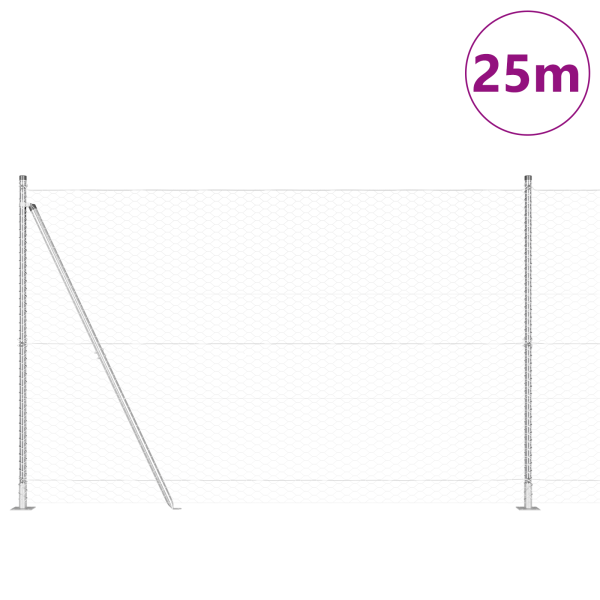 Valla Hexagonal 1.4x25 m Acero Galvanizado. Postes de Valla  con Placas de Base 13 pcs Ø32mm 78.5cm Acero Galvanizado M 3