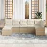 Conjunto de Sofá de Jardim  7 Peças com Almofadas Bege Rattan Poliéster 3